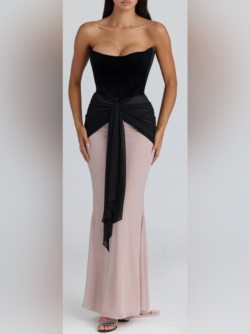 NEW House of CB CLARA Black and Blush Chiffon Strapless Maxi Dress Size S